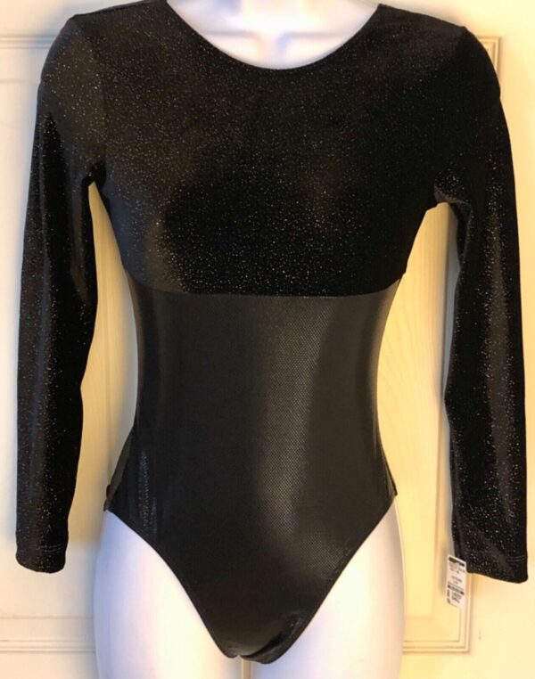 GK LgSLV ADULT SMALL BLACK GLITTER VELVET SHIMMER GYMNASTICS DANCE LEOTARD AS