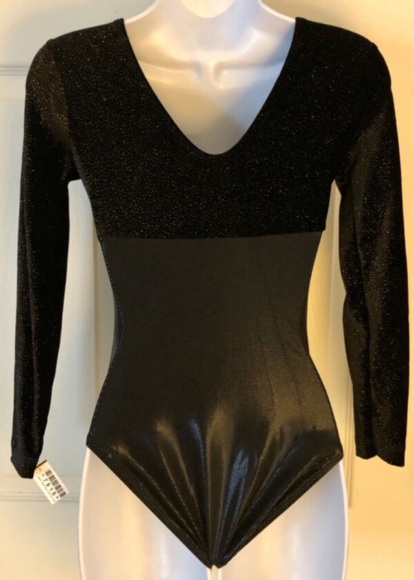 GK LgSLV ADULT SMALL BLACK GLITTER VELVET SHIMMER GYMNASTICS DANCE LEOTARD AS - Image 4