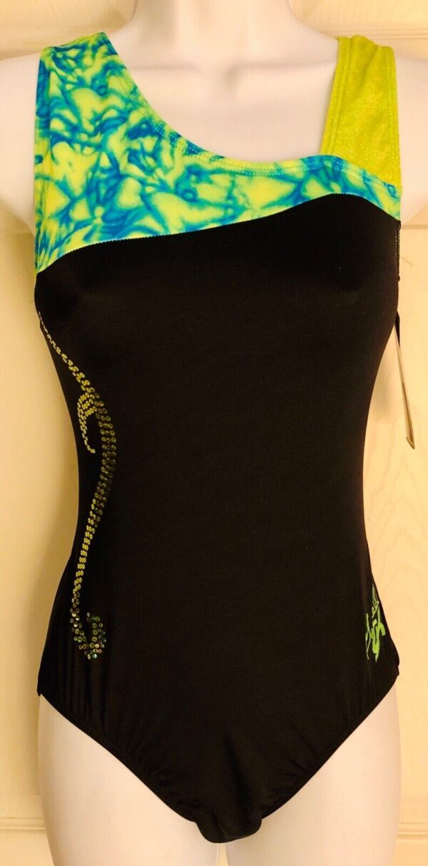 GABRIELLE DOUGLAS ASYM TANK LADIES LARGE BLACK LIME FOIL GYMNASTIC LEOTARD AL