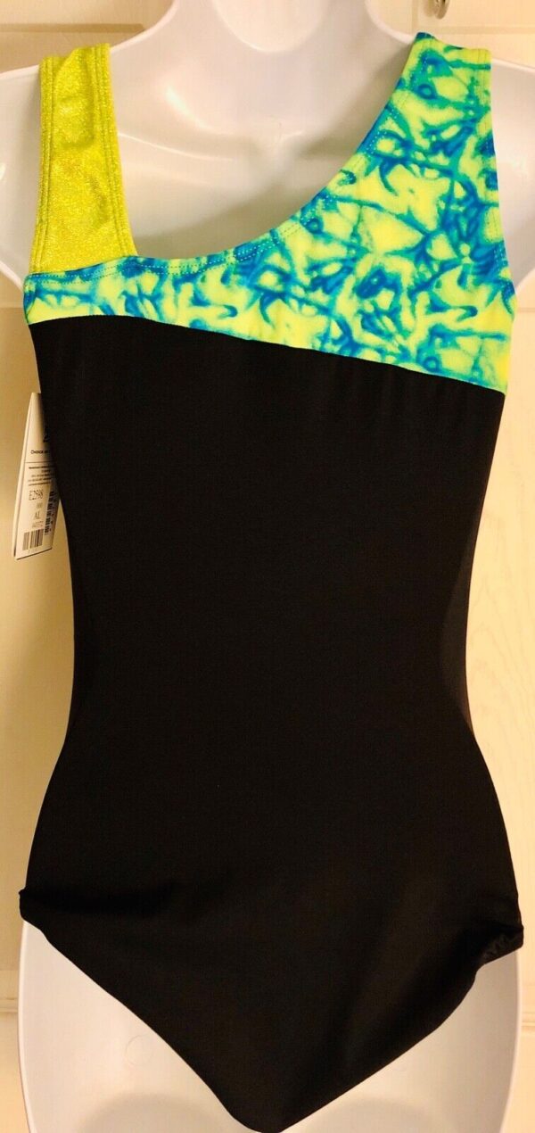 GABRIELLE DOUGLAS ASYM TANK LADIES LARGE BLACK LIME FOIL GYMNASTIC LEOTARD AL - Image 2