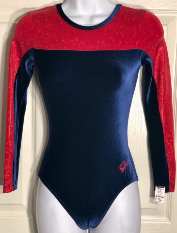 GK LONG SLEEVE ADULT X-SMALL NAVY VELVET RED FOIL DANCE LEOTARD AXS