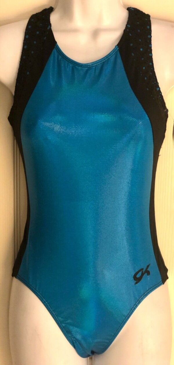 GK TANK ADULT SMALL TURQUOISE DIZZY FOIL BLACK LASER CUT N/S GYMNAST LEOTARD AS