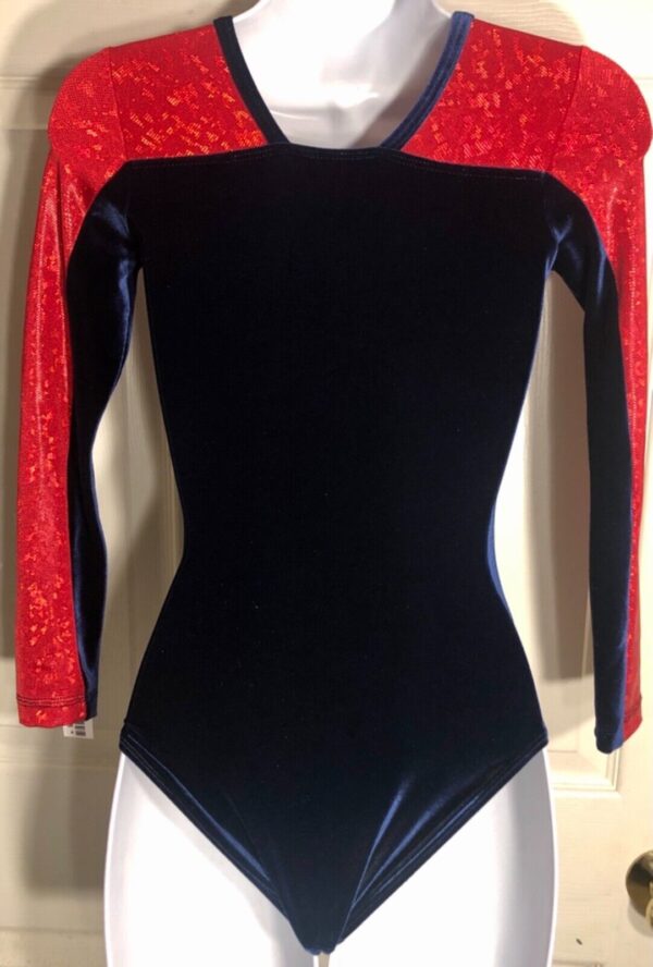 GK LONG SLEEVE ADULT X-SMALL NAVY VELVET RED FOIL DANCE LEOTARD AXS - Image 7