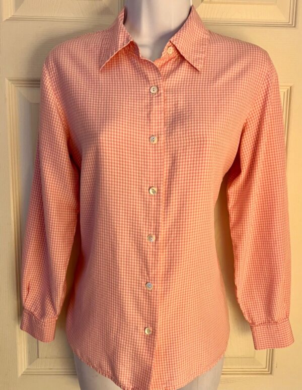 TALBOTS Women's Petite 4 PURE SILK PINK WHITE Check LS BUTTON Blouse SZ 4P