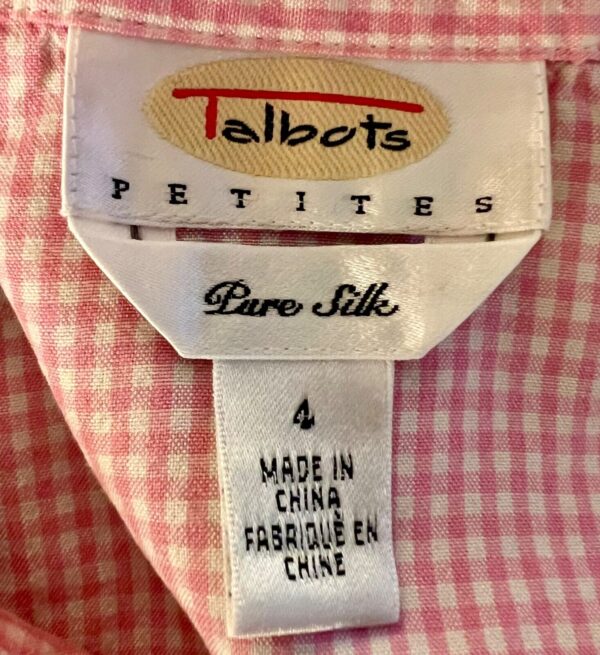 TALBOTS Women's Petite 4 PURE SILK PINK WHITE Check LS BUTTON Blouse SZ 4P - Image 6