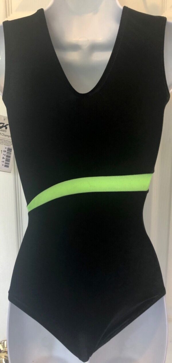 GK BLACK VELVET ADULT SMALL GREEN APPLE MYSTIQUE GYMNASTICS TANK LEOTARD AS NWT! - Image 3