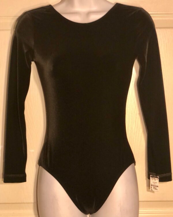 GK LgSLV LEOTARD ADULT SMALL SOLID BLACK VELVET GYMNASTICS DANCE SZ S NWT!