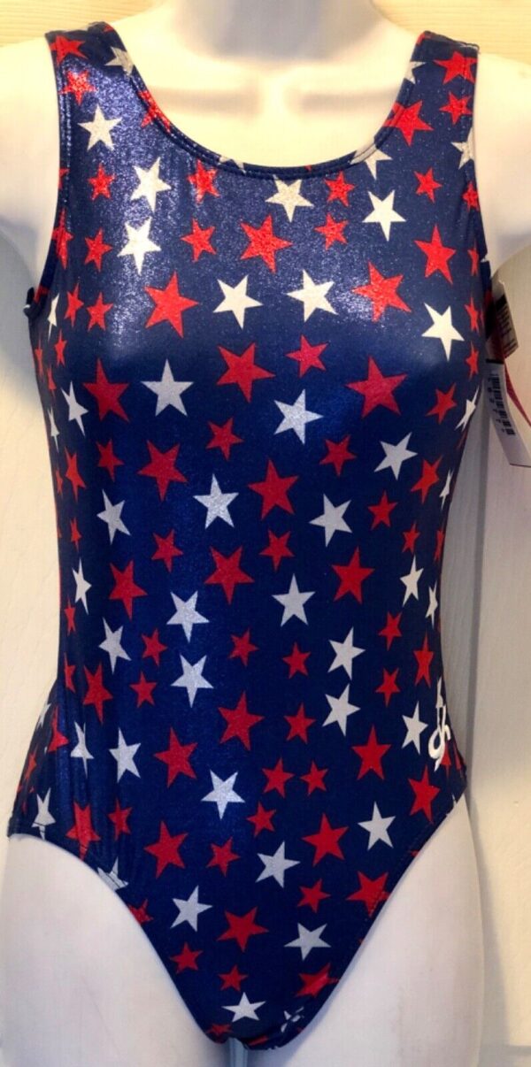 GK TANK ADULT SMALL ROYAL FOIL RED WHITE STARS GYMNASTICS DANCE CHEER LEOTARD AS