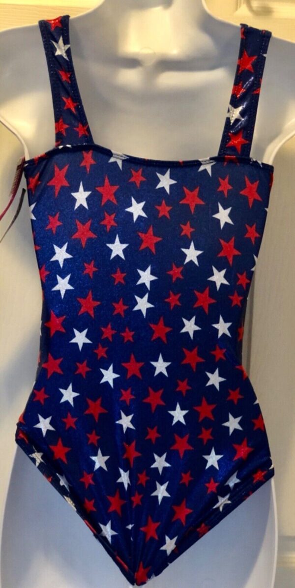 GK TANK ADULT SMALL ROYAL FOIL RED WHITE STARS GYMNASTICS DANCE CHEER LEOTARD AS - Image 3