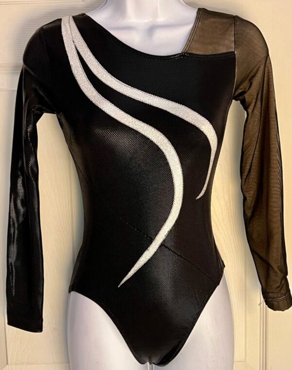 GK LgS BLACK SHIMMER ADULT SMALL SILVER FOIL GYMNAST DANCE CHEER LEOTARD Sz AS