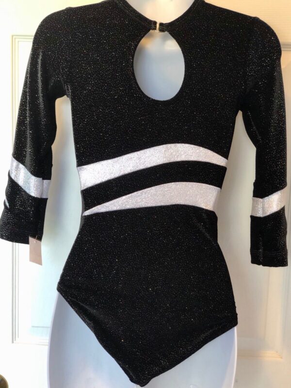 GK 3/4 SLV LADIES SMALL BLACK GLITTER VELVET WHITE FOIL GYMNASTIC LEOTARD AS NWT - Image 2