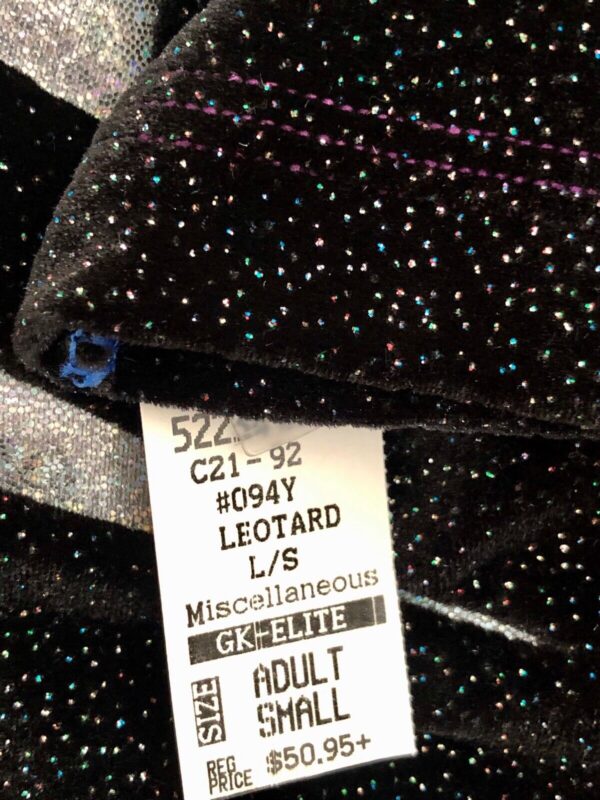 GK 3/4 SLV LADIES SMALL BLACK GLITTER VELVET WHITE FOIL GYMNASTIC LEOTARD AS NWT - Image 5