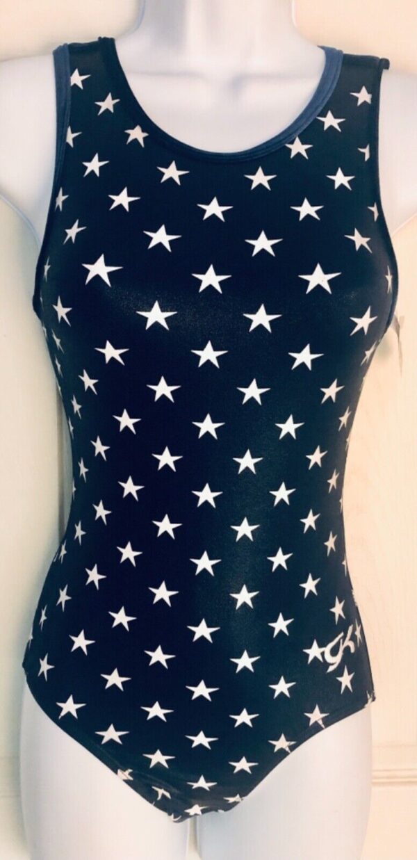 GK NAVY ADULT X-SMALL MYSTIQUE STAR PRINT GYMNASTS DANCE CAMISOLE LEOTARD Sz AXS