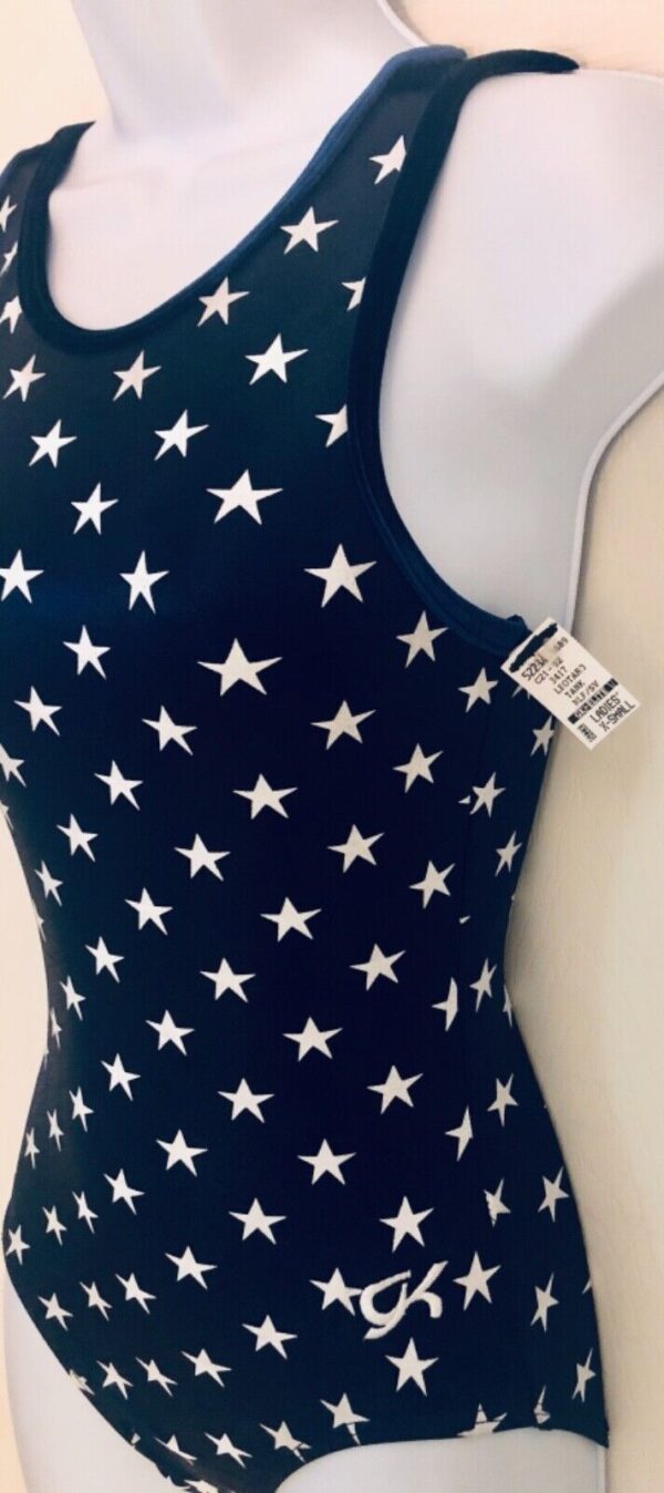 GK NAVY ADULT X-SMALL MYSTIQUE STAR PRINT GYMNASTS DANCE CAMISOLE LEOTARD Sz AXS - Image 4