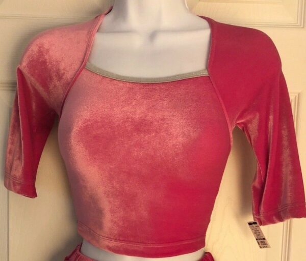 GK ELITE ICE FIGURE SKATE ADULT X-SMALL PINK VELEVT CROP TOP LUREX TRIM Sz AXS