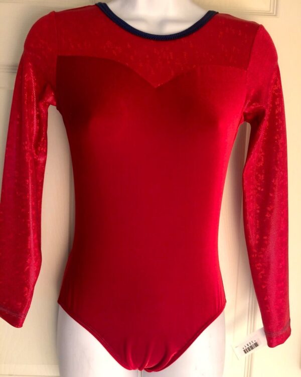 GK Elite RED VELVET FOIL LgS Gymnastic Dance Leotard ADULT S