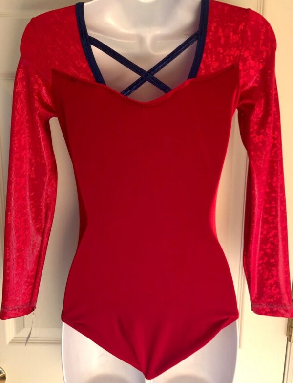 GK Elite RED VELVET FOIL LgS Gymnastic Dance Leotard ADULT S - Image 3