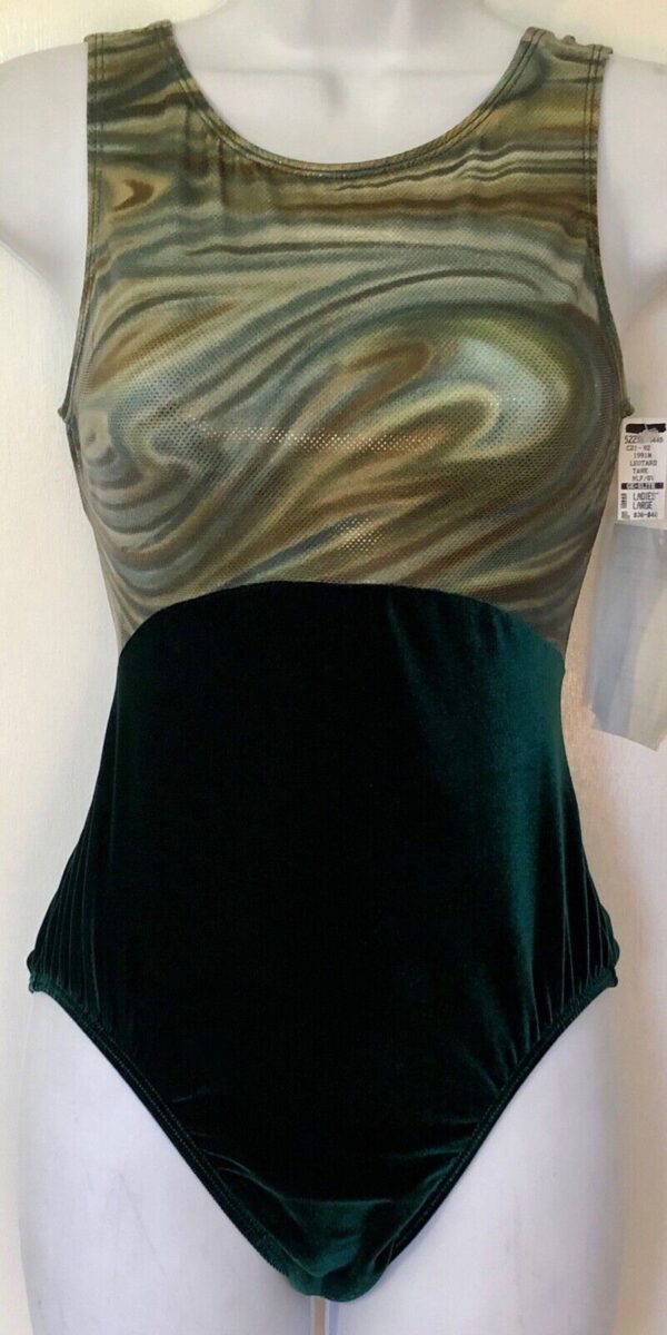 GK TANK LEOTARD LADIES LARGE GREEN VELVET FOIL PRINT GYMNASTICS DANCE AL NWT!