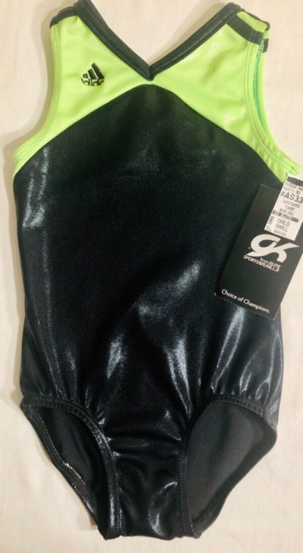 ADIDAS BLACK LIME FOIL CHILD SMALL GYMNASTICS DANCE CHEER TANK LEOTARD Sz CS NWT - Image 2