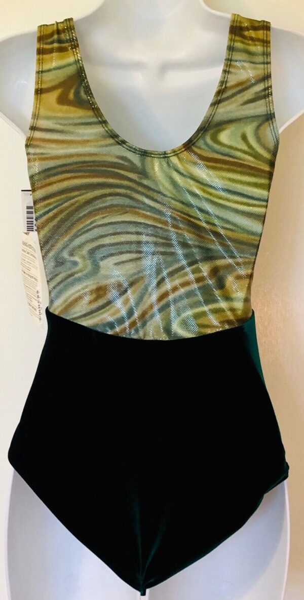 GK TANK LEOTARD LADIES LARGE GREEN VELVET FOIL PRINT GYMNASTICS DANCE AL NWT! - Image 3