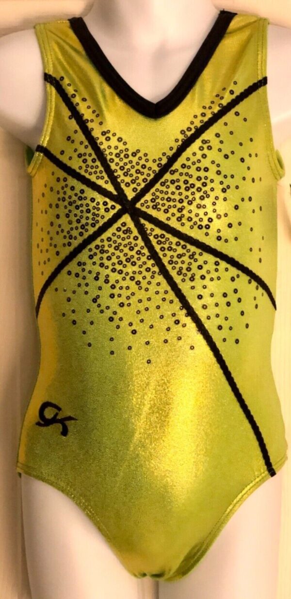 GK LEMON LIME FOIL TANK CHILD SMALL BLACK SEQUINZ GYMNASTICS DANCE LEOTARD CS