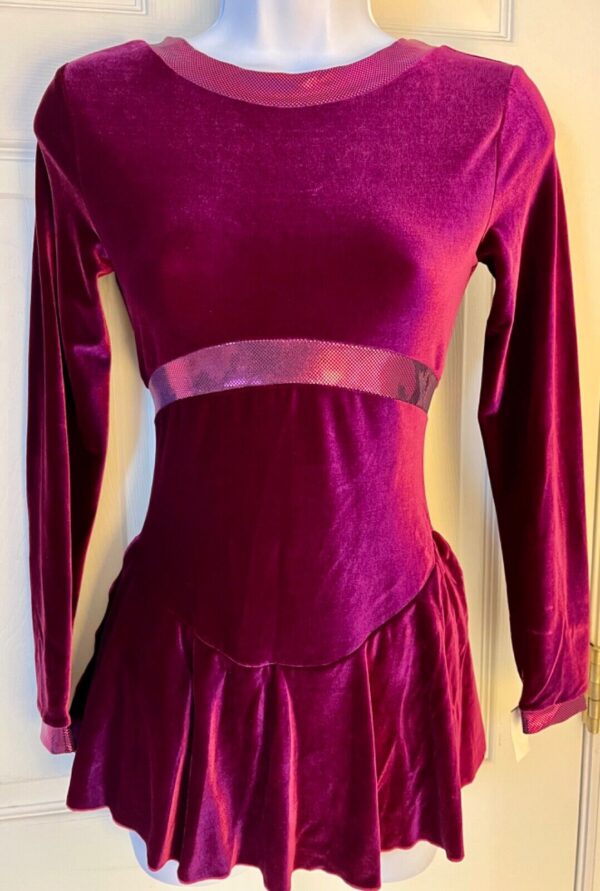 GK FIGURE SKATE LgSLV ADULT SMALL PLUM SMOOTH VELVET FOIL INSERT DRESS AS