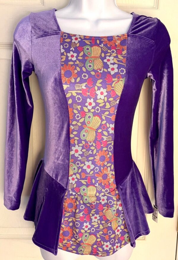 GK VINCA VELVET LgSLV LADIES SMALL FOIL FLORAL PRINT FIGURE SKATE DRESS Sz AS