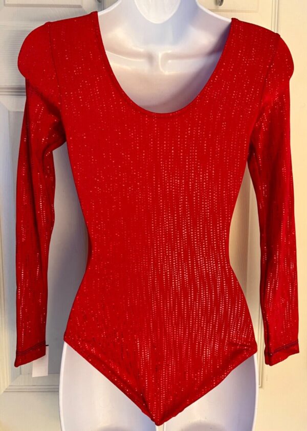 GK LgSLV LADIES RED RAINDROPS HOLOGRAM GYMNASTICS DANCE LEOTARD Sz AS NWT! - Image 5