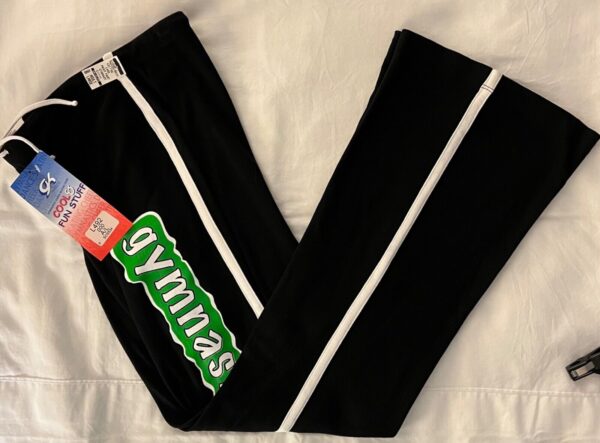 GK 'GYMNASTâ€™ GRAPHIC LADIES LARGE BLACK 100% COTTON CHEER LOUNGE PANTS Sz AL