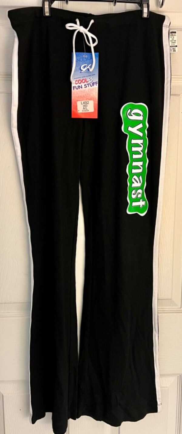 GK 'GYMNASTâ€™ GRAPHIC LADIES LARGE BLACK 100% COTTON CHEER LOUNGE PANTS Sz AL - Image 2