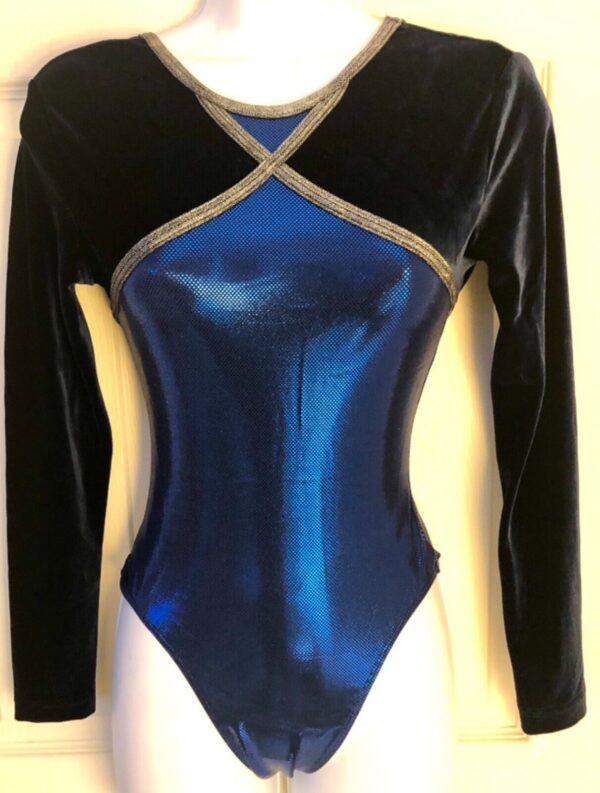 GK Elite LgSLV LEOTARD LADIES SMALL BLACK VELVET BLUE FOIL GYMNASTICS DANCE AS