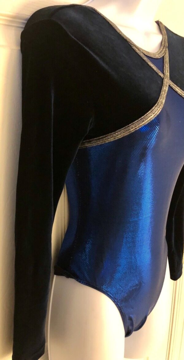 GK Elite LgSLV LEOTARD LADIES SMALL BLACK VELVET BLUE FOIL GYMNASTICS DANCE AS - Image 3