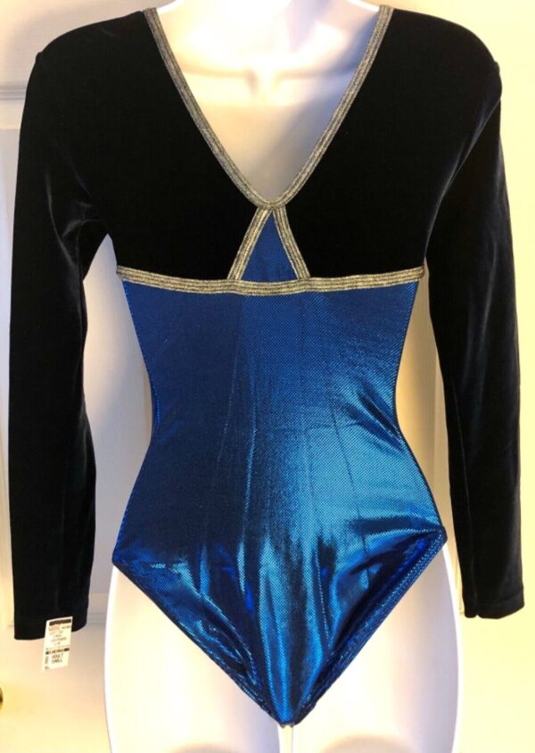 GK Elite LgSLV LEOTARD LADIES SMALL BLACK VELVET BLUE FOIL GYMNASTICS DANCE AS - Image 4