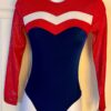 GK RED BLUE VELVET ADULT SMALL LgSLV SILVER METAL GYMNAST DANCE LEOTARD Sz AS