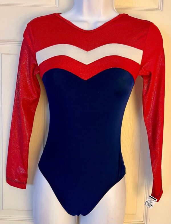 GK RED BLUE VELVET ADULT SMALL LgSLV SILVER METAL GYMNAST DANCE LEOTARD Sz AS