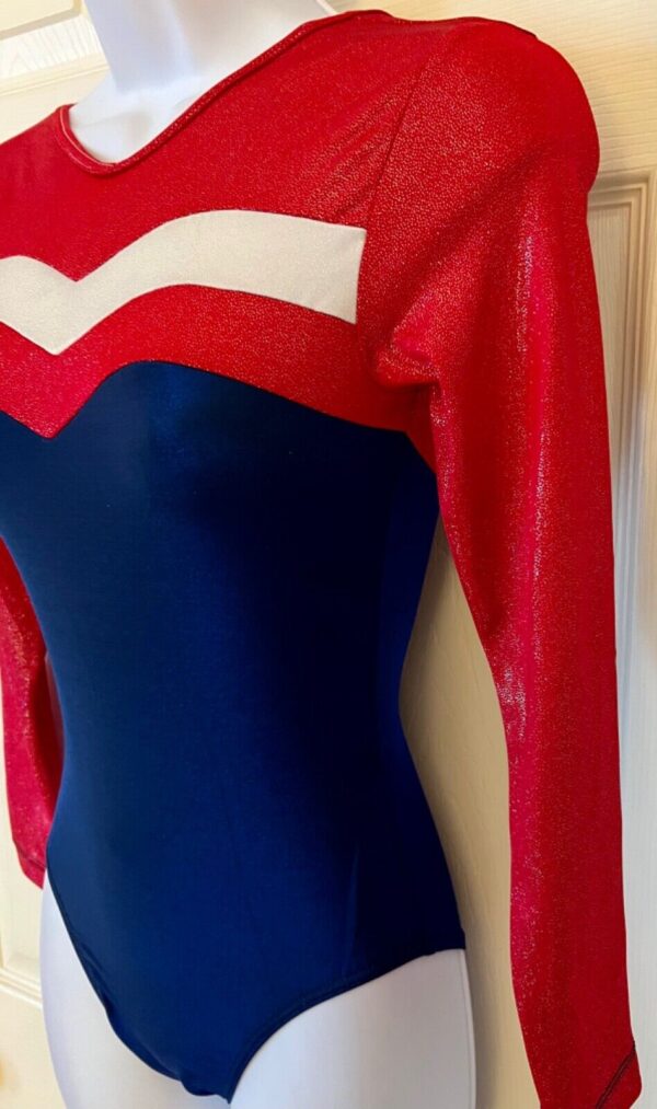 GK RED BLUE VELVET ADULT SMALL LgSLV SILVER METAL GYMNAST DANCE LEOTARD Sz AS - Image 4