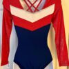 GK RED BLUE VELVET ADULT SMALL LgSLV SILVER METAL GYMNAST DANCE LEOTARD Sz AS - Image 5