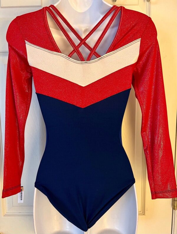 GK RED BLUE VELVET ADULT SMALL LgSLV SILVER METAL GYMNAST DANCE LEOTARD Sz AS - Image 5