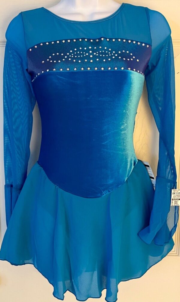 GK FIGURE SKATE ADULT SMALL LgSLV TURQUOISE VELVET MESH YOKE FOIL JA  DRESS AS