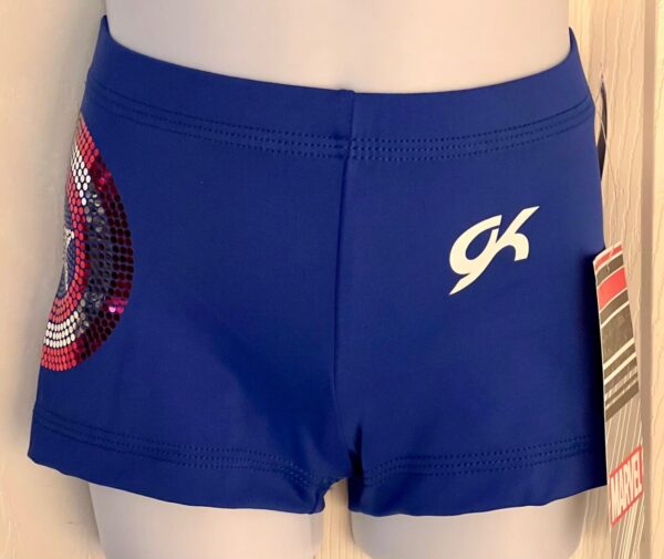 CAPTAIN AMERICA GK CHILD SMALL BLUE SPANGLEZ GYM CHEER WORKOUT SHIELD SHORTS CM