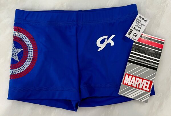 CAPTAIN AMERICA GK CHILD SMALL BLUE SPANGLEZ GYM CHEER WORKOUT SHIELD SHORTS CM - Image 4