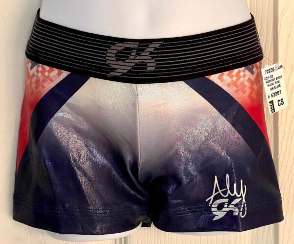 ALY RAISMAN PATRIOT SHORTS GK CHILD SMALL SUBLIMATED HOLOTEK GYMNAST DANCE CHEER