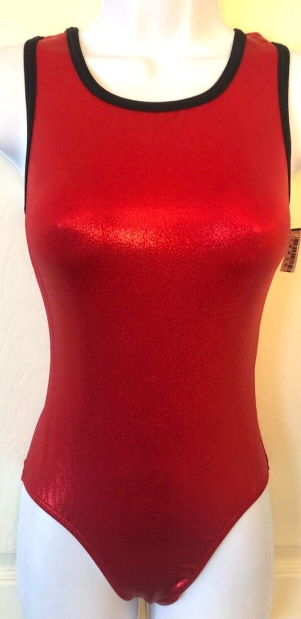 GK BASIC ADULT SMALL SLVLS RED FOIL SQUARE NECK GYMNASTICS DANCE TANK LEOTARD AS