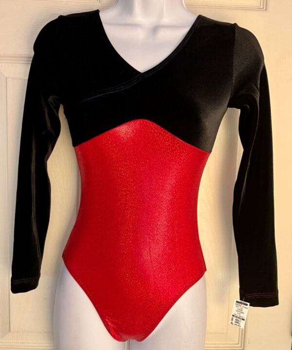 GK LgS BLACK VELVET ADULT SMALL RED SPARKLE FOIL GYMNASTICS DANCE LEOTARD Sz AS