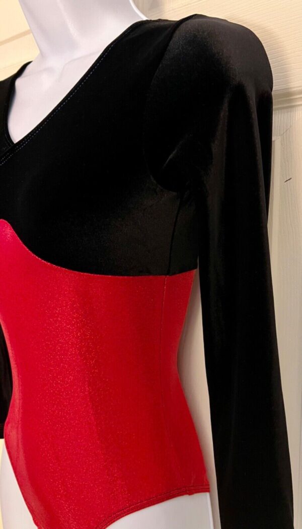 GK LgS BLACK VELVET ADULT SMALL RED SPARKLE FOIL GYMNASTICS DANCE LEOTARD Sz AS - Image 5