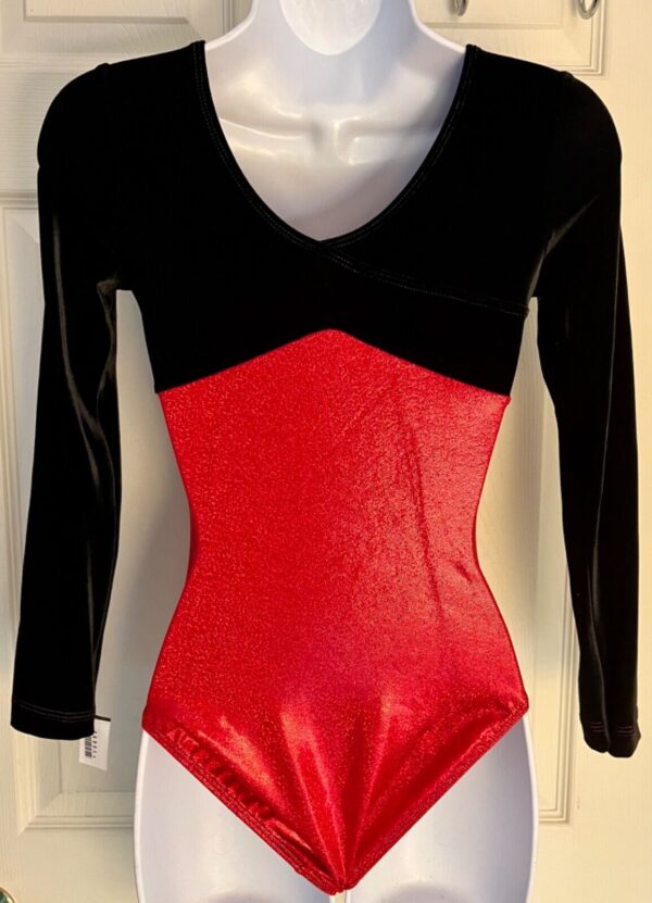 GK LgS BLACK VELVET ADULT SMALL RED SPARKLE FOIL GYMNASTICS DANCE LEOTARD Sz AS - Image 6