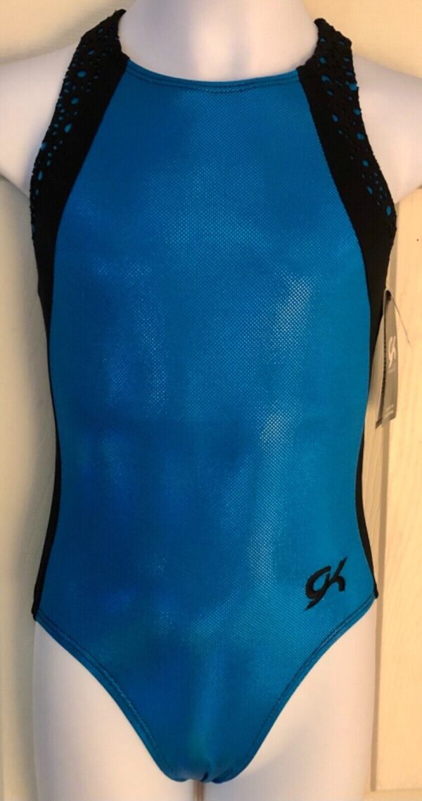 GK TURQUOISE FOIL BLACK LASER CUT GIRLS MEDIUM GYMNASTICS TANK LEOTARD Sz CM NWT