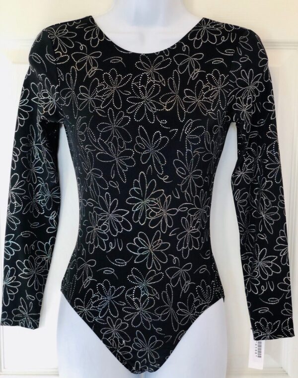 GK LgS LADIES SMALL BLACK N/S SPARKLE FLORAL PRINT GYMNASTICS DANCE LEOTARD AS