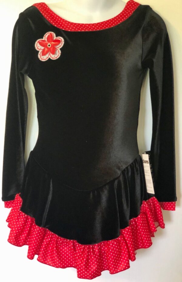 GK BLACK VELVET CHILD SMALL LgSLV RED POLKA DOT TRIM FLOWER ICE SKATE DRESS CS