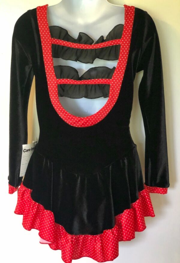 GK BLACK VELVET CHILD SMALL LgSLV RED POLKA DOT TRIM FLOWER ICE SKATE DRESS CS - Image 2